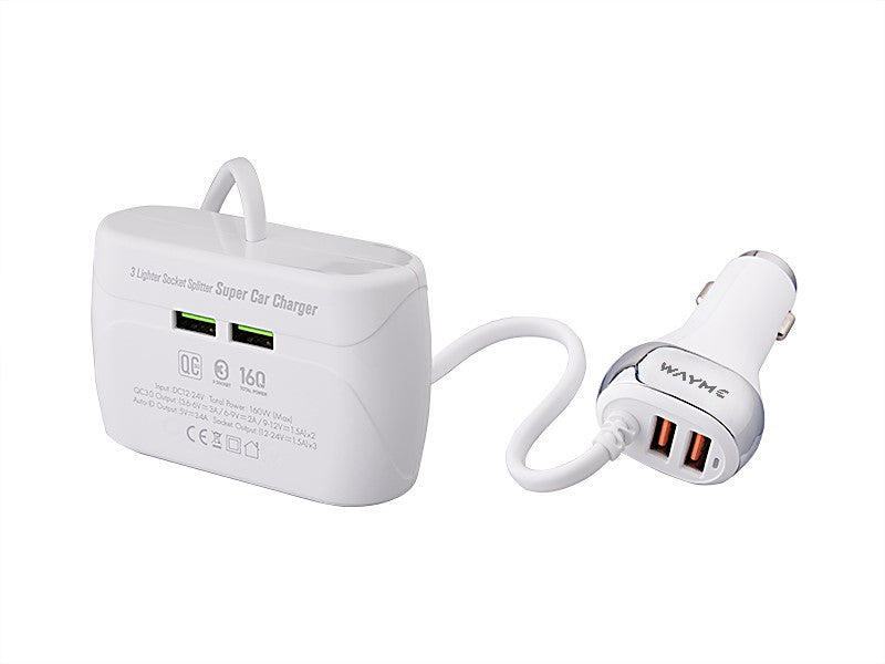 WAYME 3 csatlakozós szivargyújtó elosztó 1224V kapcsolókkal 2x USB QC30 2x USB 36A kábel 120 cm – kép 2