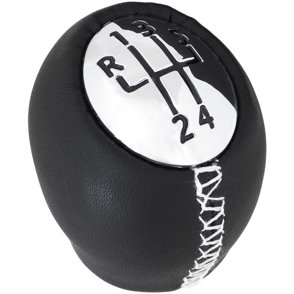 Fekete bőrözött, 5 sebességes Renault Movano váltógomb króm számlappal, fehér varrással.