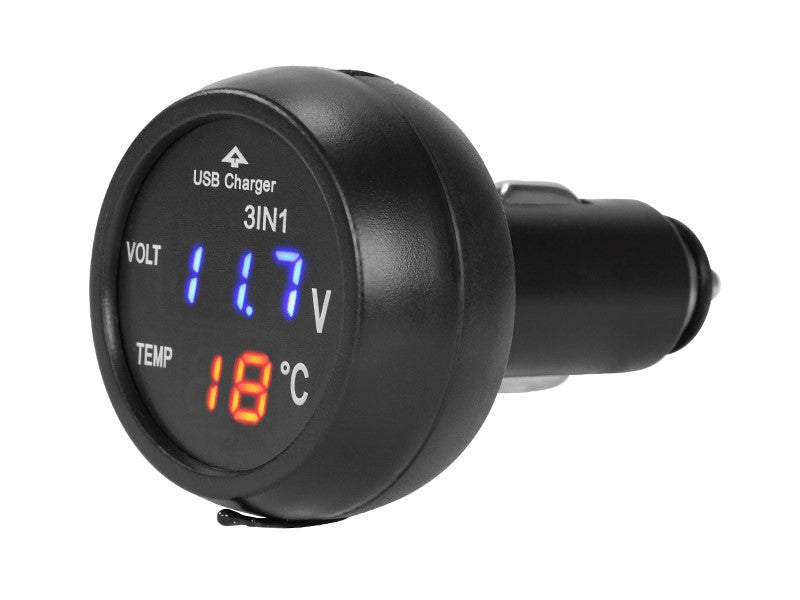 Töltő USB, 2.1A, 12/24V-os szivargyújtóhoz, voltmérővel