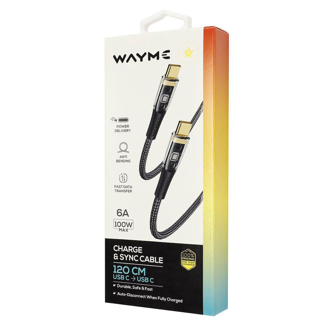 WAYME Mikroszálas fonott töltő  és szinkronizáló kábel 120 cm USB C > USB C PD max 100W – kép 4