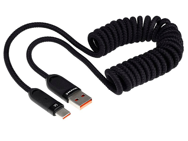 WAYME Mikroszálas fonott töltő és szinkronizáló kábel, spirál, 50 - 180 cm, USB > USB-C, Max 100W, fekete