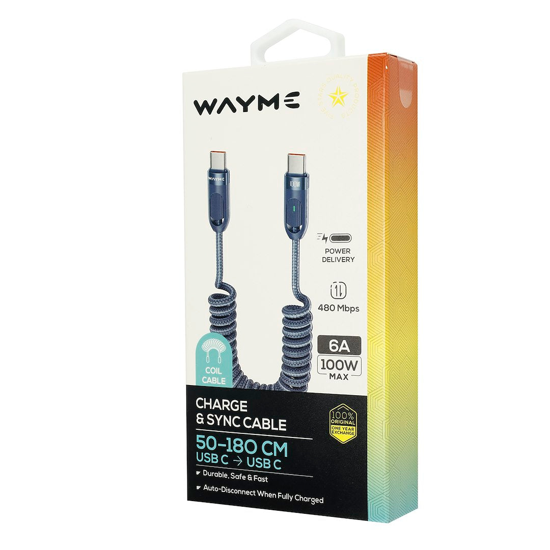 WAYME Mikroszálas fonott töltő  és szinkronizáló kábel spirál 50   180 cm USB C > USB C Max 100W kék – kép 3